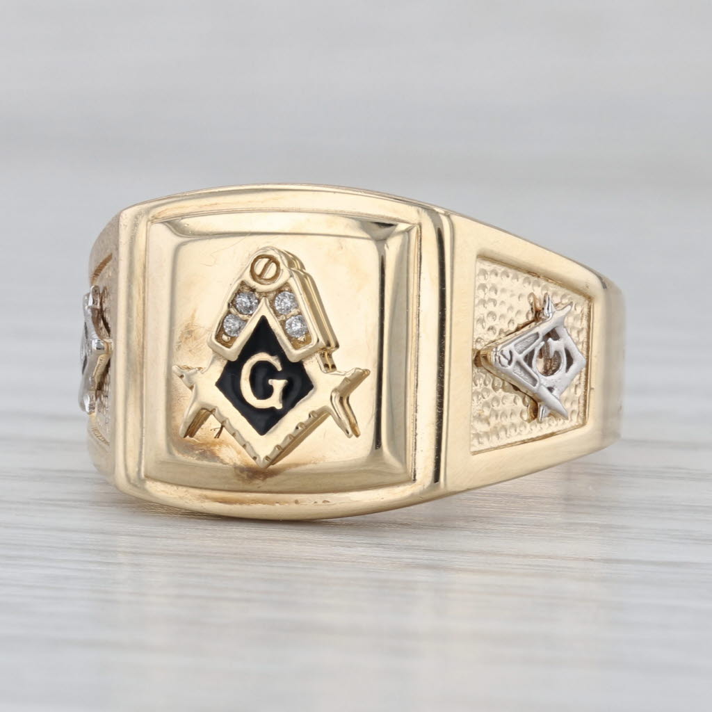 Masonic Ring 14k Yellow Gold Cubic Zirconia Blue Lodge Square Compass Size 11.25