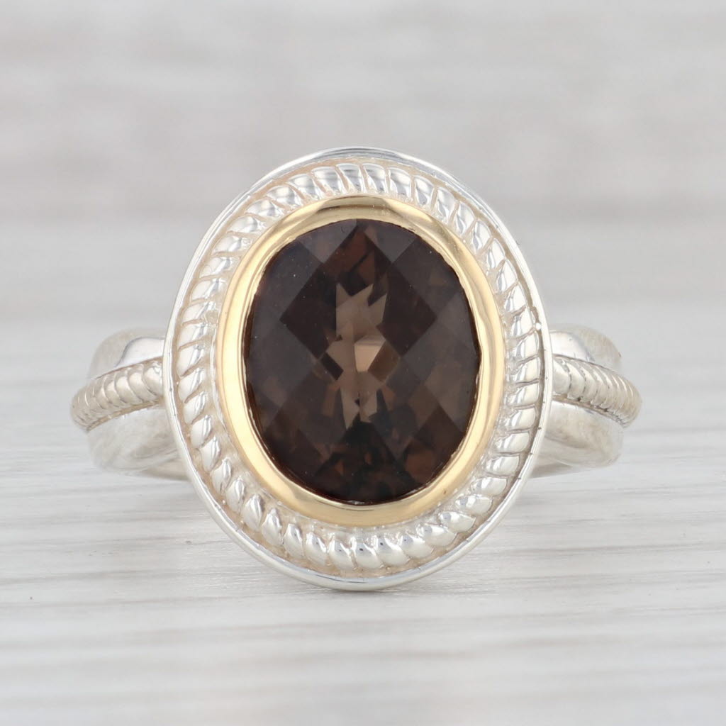 Vintage - Smokey Quartz & Sterling Silver - Trio stone top Ring - Size: UK P 1/2, US 7 3/4