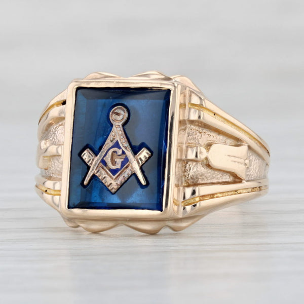 Light Gray Vintage Lab Created Blue Spinel Masonic Ring 10k Gold Square Compass Blue Lodge