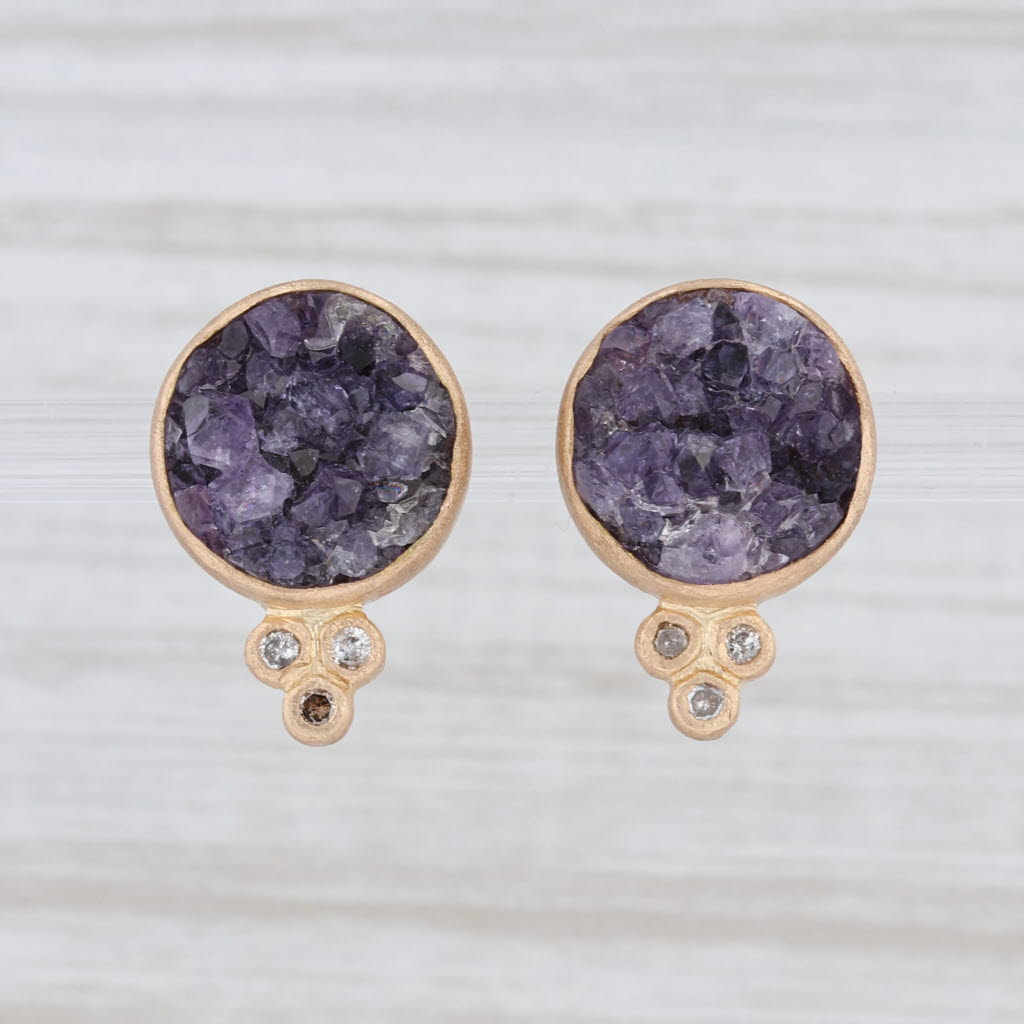 New Nina Wynn Amethyst Druzy Diamond Earrings 18k Yellow Gold Studs