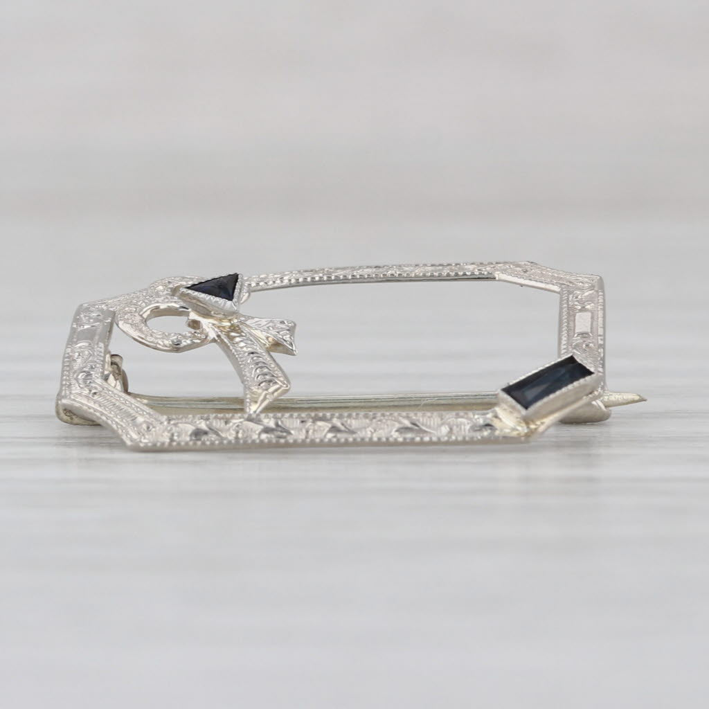 Vintage Lab Created Sapphire Pin 10k White Gold Brooch