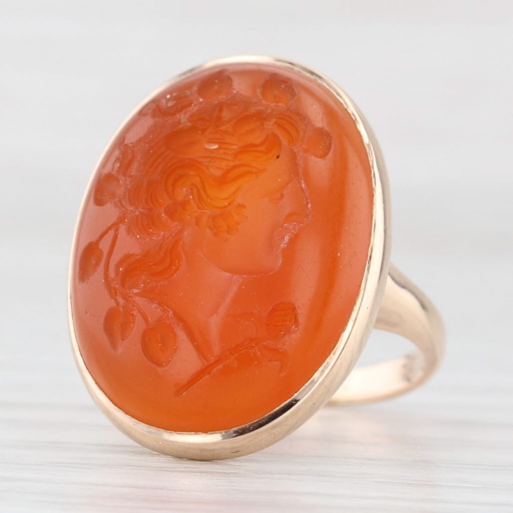 Light Gray Vintage Carved Orange Glass Intaglio Ring 10k Yellow Gold Size 4