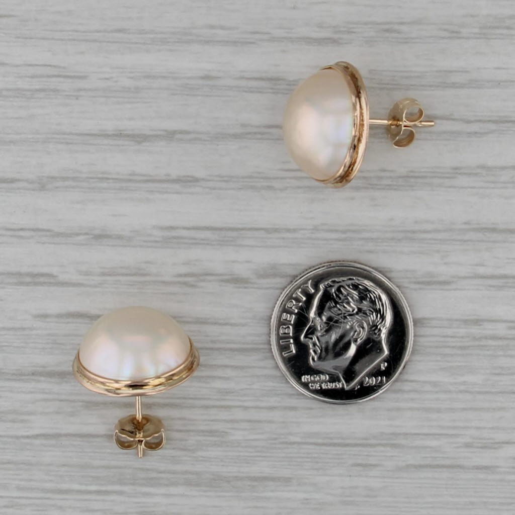Mabe Pearl Button Stud Earrings 14k Yellow Gold Round Studs
