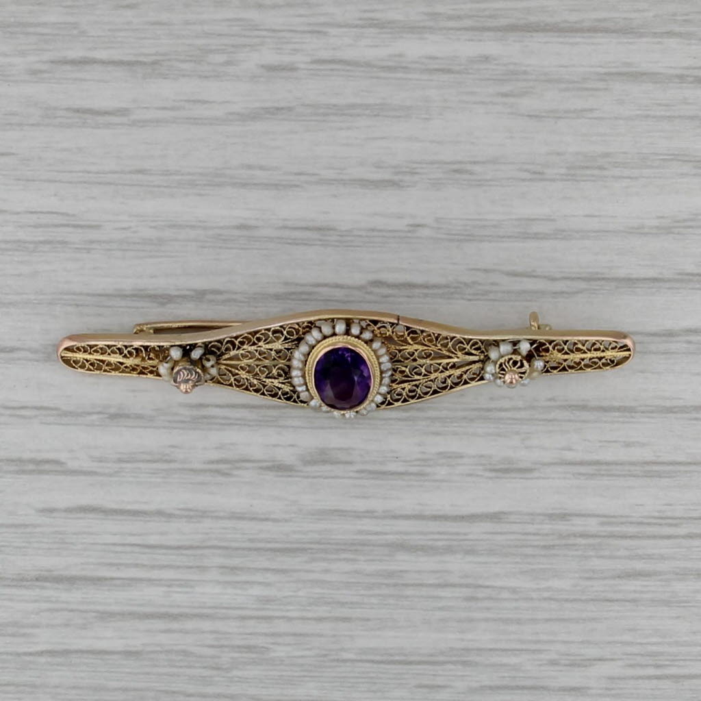 Vintage 1.05ct Amethyst Seed Pearl Filigree Bar Brooch 14k Yellow Gold Pin