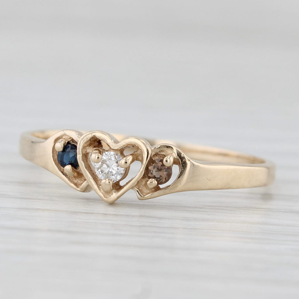 Light Gray 0.10ctw Diamond Blue Sapphire Smoky Quartz Heart Ring 10k Yellow Gold Size 9.25