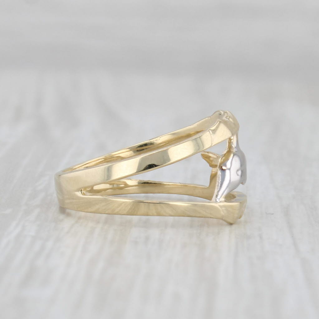 Light Gray 2-Toned Dolphin Ring 14k White Yellow Gold Band Size 7