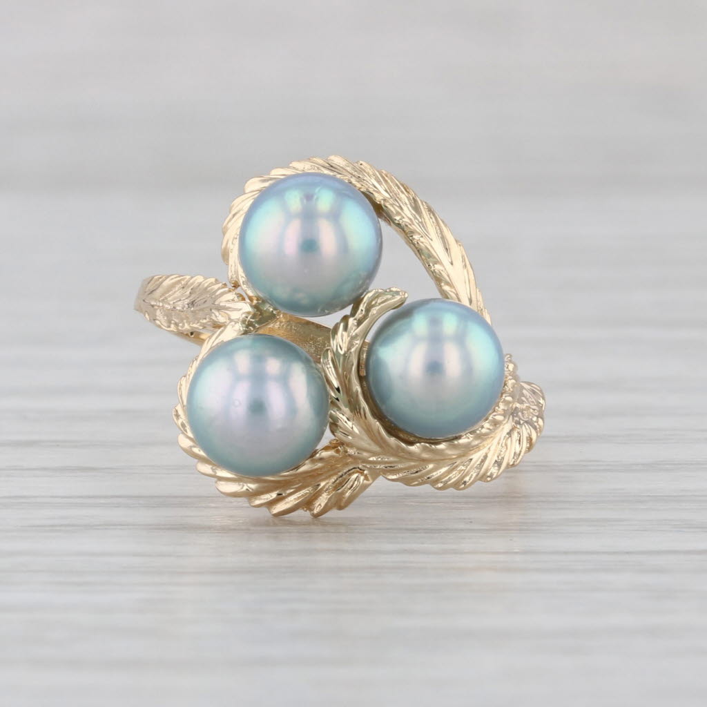Vintage Saltwater Cultured Pearl Bypass Floral Ring 14k Yellow Gold Size 6