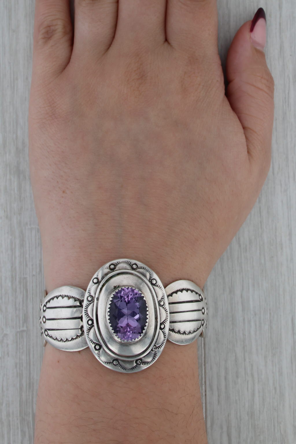 Tommy Moore Amethyst Cuff Bracelet Sterling Silver 6.25" Navajo Native American