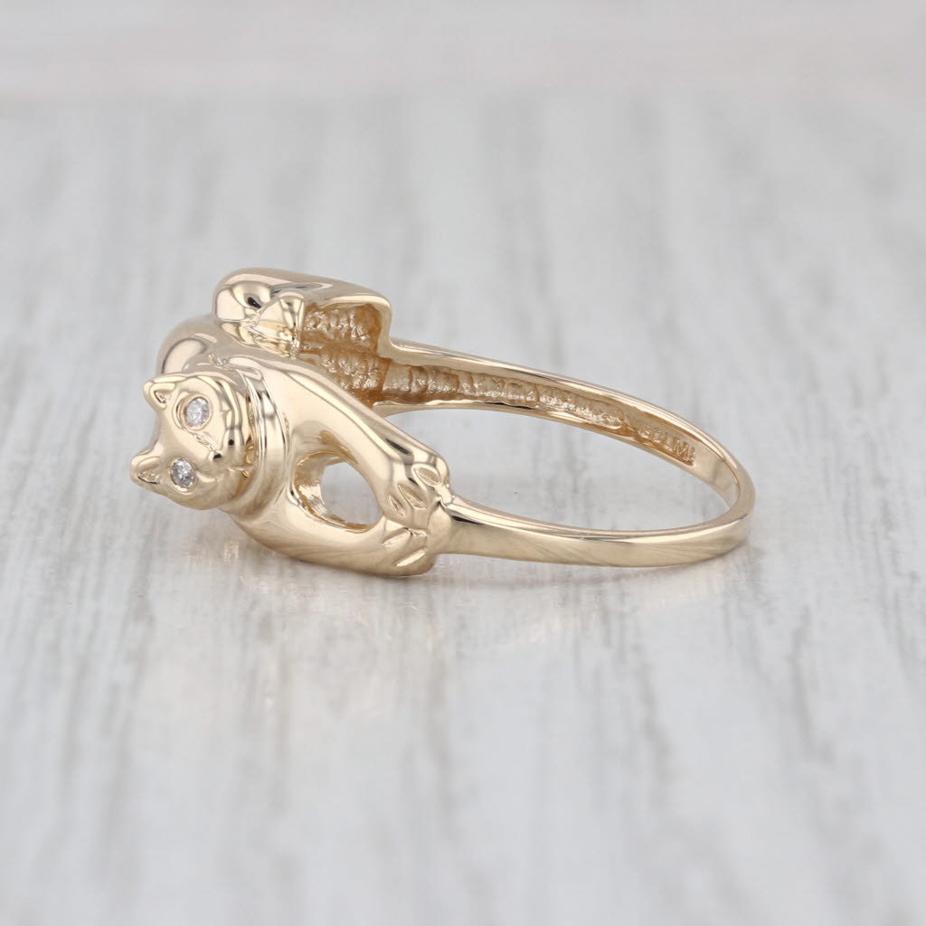 Diamond Eyed Stretching Cat Ring 14k Yellow Gold Size 8.25