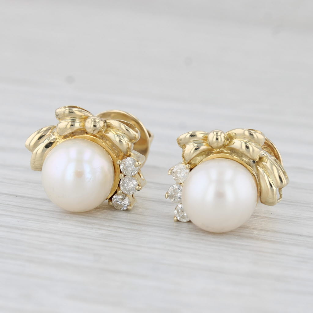 Light Gray Cultured Pearl 0.20ctw Diamond Bow Stud Earrings 14k Yellow Gold