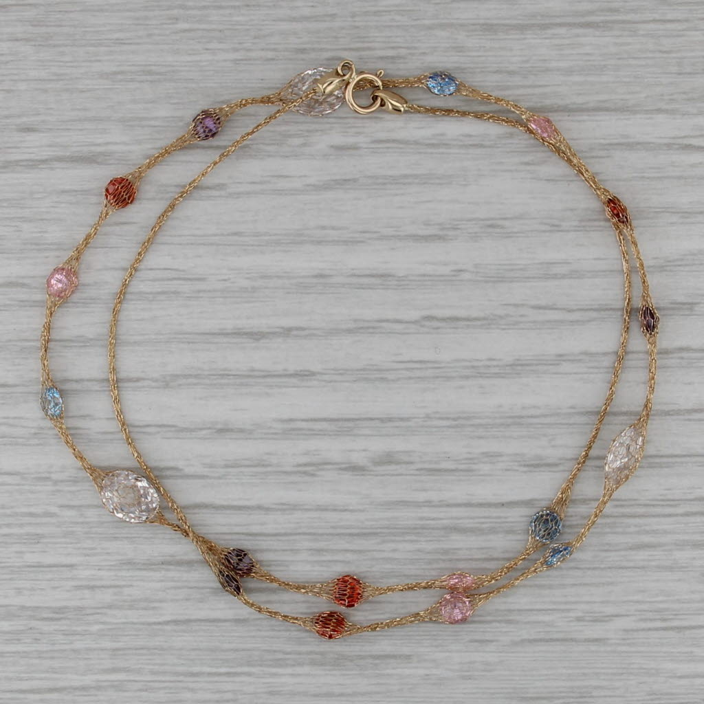 Multicolor Cubic Zirconia Station Mesh Chain Necklace 14k Yellow Gold 18"