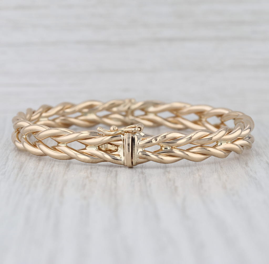 Woven Bangle Bracelet 14k Yellow Gold 7" 7.7mm Hinged Snap Clasp
