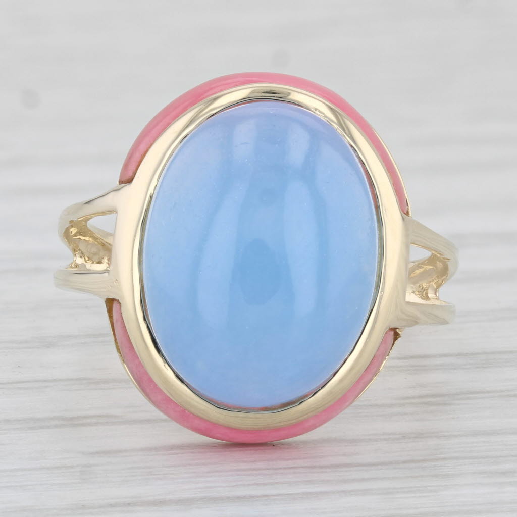 Light Gray Blue & Pink Jadeite Jade Oval Ring 14k Yellow Gold Size 8.25