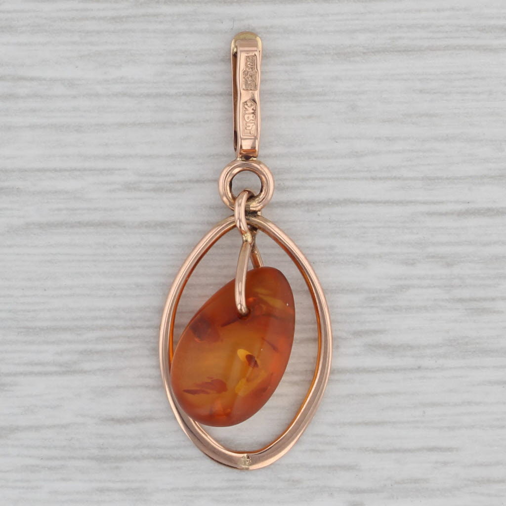 Gray Vintage Amber Pear Solitaire Pendant 14k Yellow Gold Teardrop Dangle