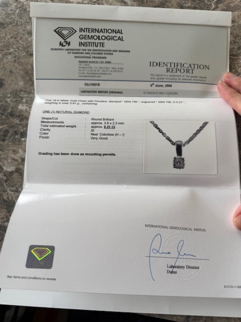 0.21ct Small IGI Diamond Solitaire Pendant Necklace 18k White Gold 16.5"