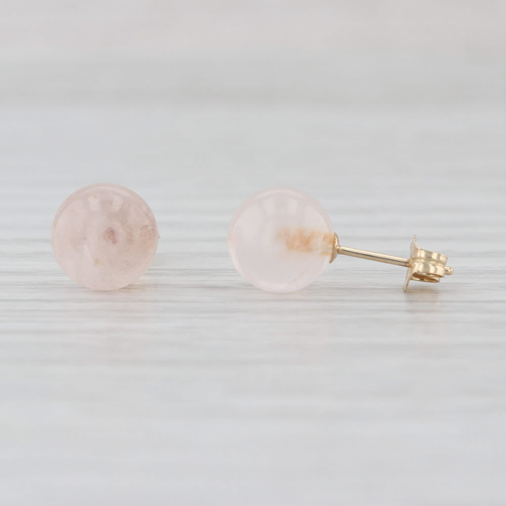 Rose Quartz Bead Stud Earrings 14k Yellow Gold 7.8mm Solitaire Studs