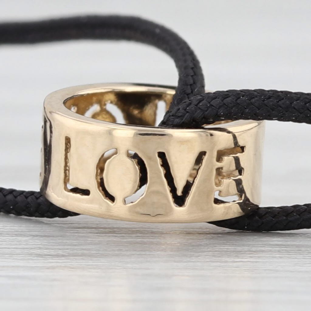 Love Charm Bracelet 14k Yellow Gold Bead Adjustable Black Cord up to 8.25"