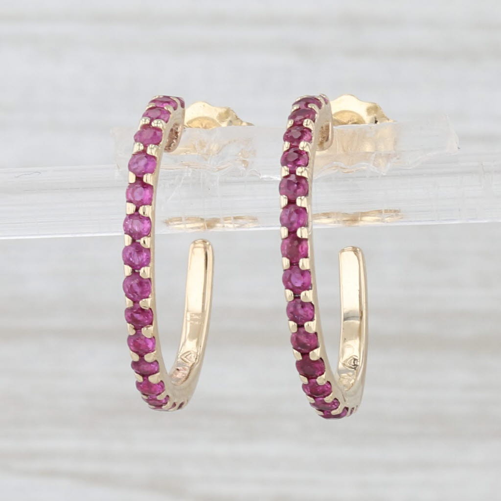 0.54ctw Ruby J-Hook Hoop Earrings 10k Yellow Gold Pierced Drops