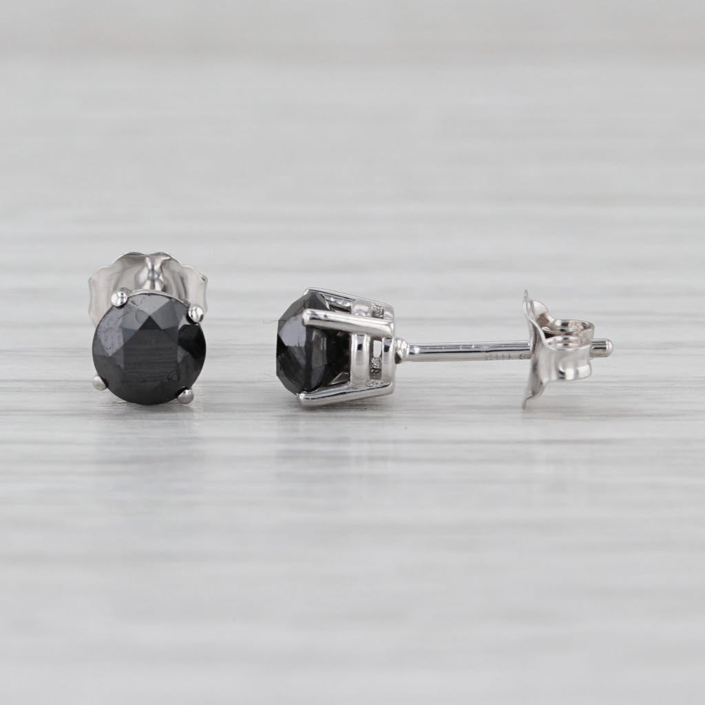 1.37ctw Black Diamond Stud Earrings 10k White Gold Round Solitaire Studs