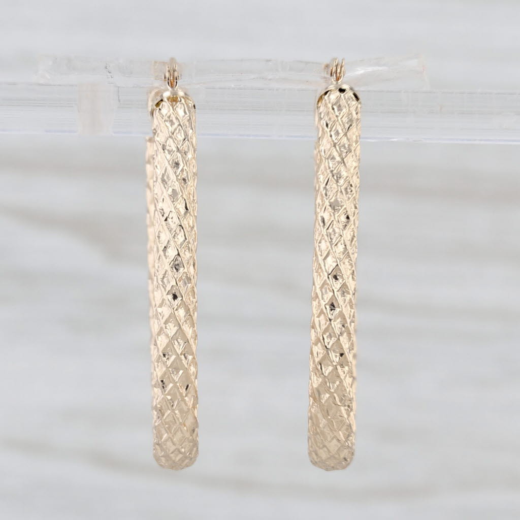 Crosshatch Oval Hoop Earrings 14k Yellow Gold Snap Top Hoops