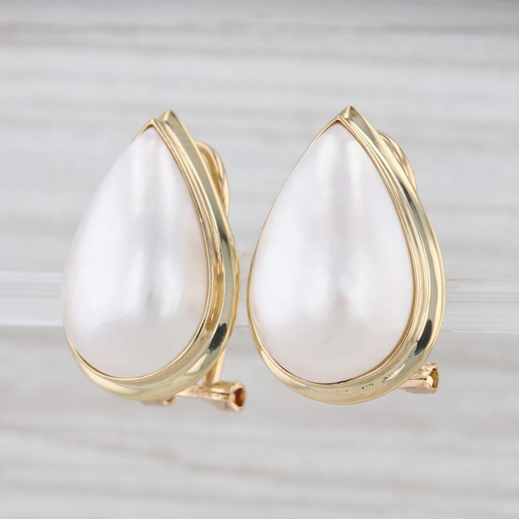 Mabe Pearl Pear Cabochon Teardrop Earring 18k Yellow Gold Omega Backs