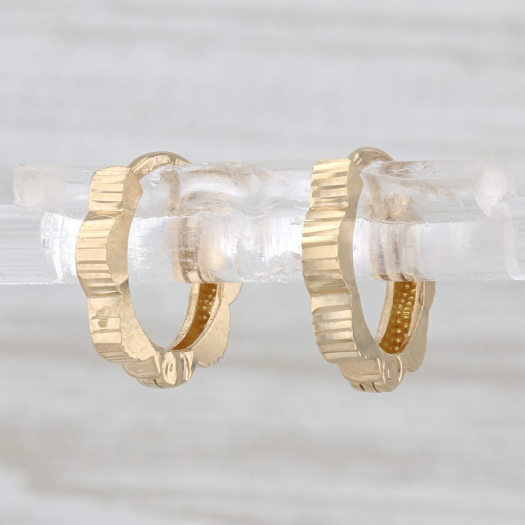 Small Scalloped Hoop Huggie Earrings 18k Yellow Gold Snap Top Round Hoops