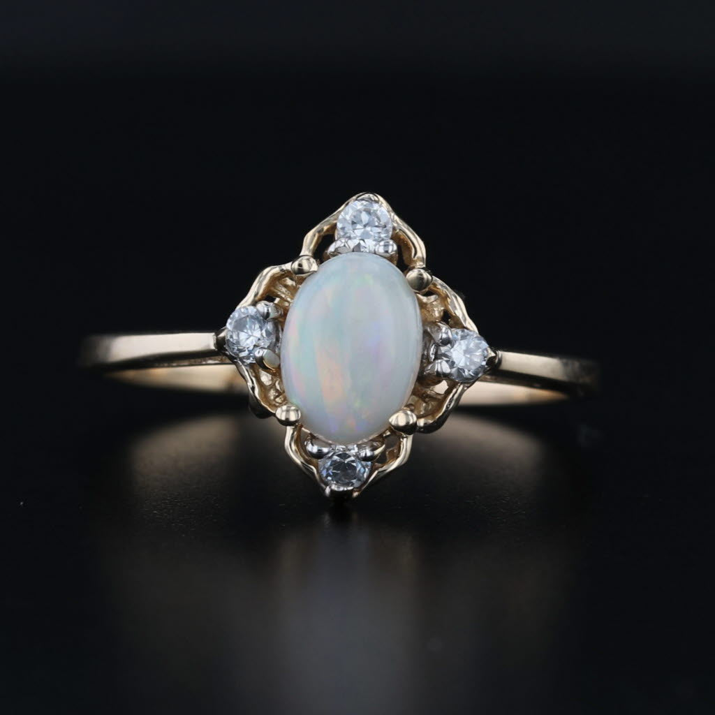 Round Cabochon Opal Cubic Zirconia Ring 10k Yellow Gold Size 8
