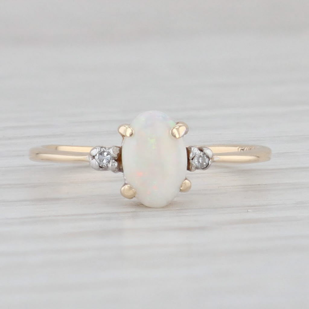 Light Gray Oval Opal Diamond Ring 14k Yellow Gold Size 3 October Birthstone