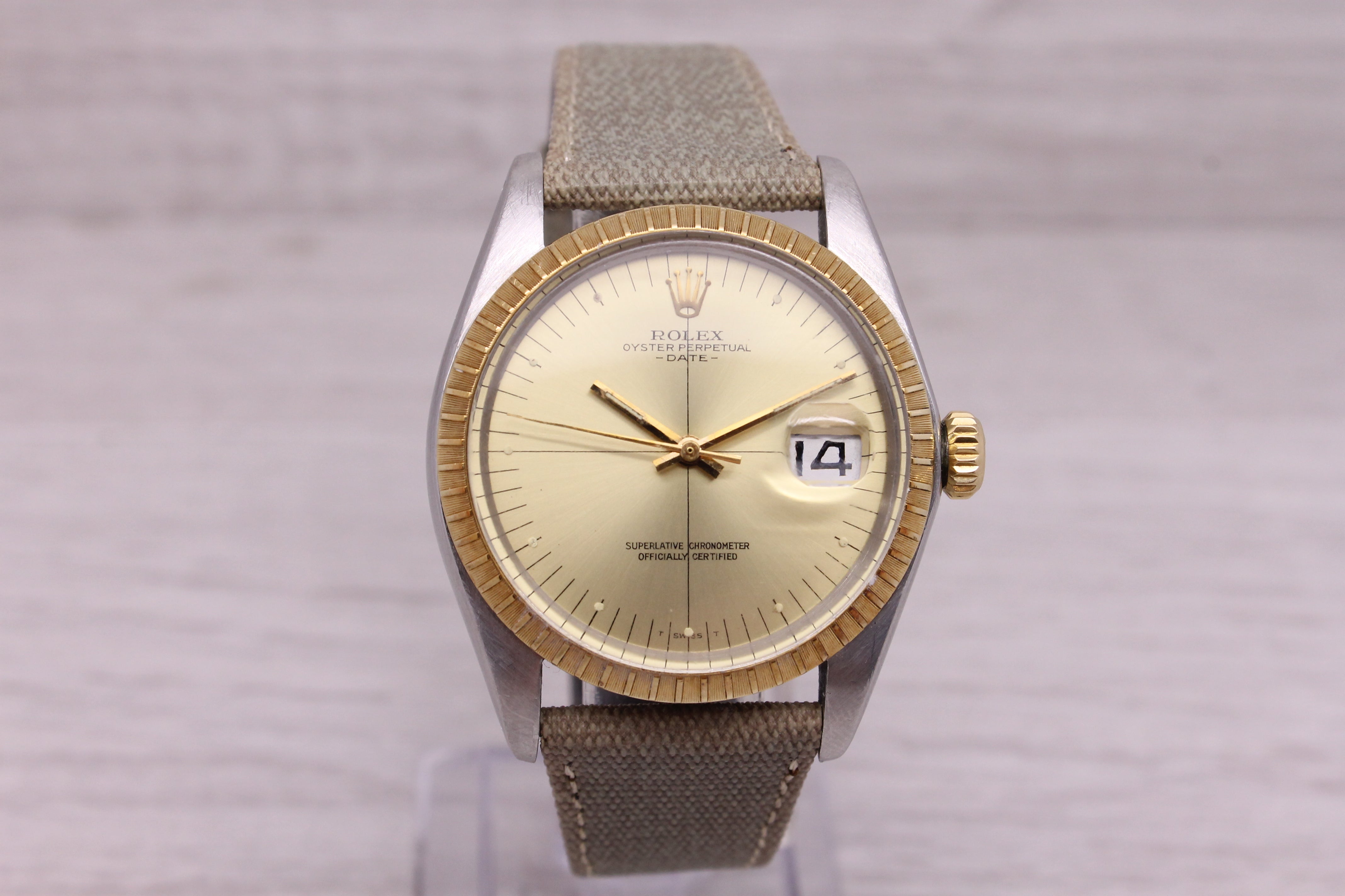 Gray Vintage 1974 Rolex Date 1505 Mens 34mm Steel & 14k Automatic Watch Zephyr Dial