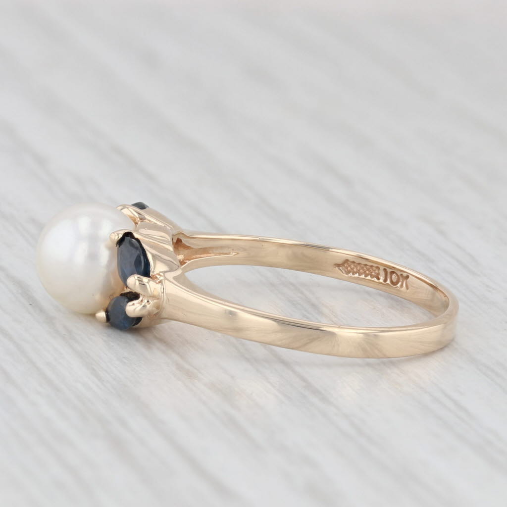 Light Gray Cultured Pearl Blue Sapphire Ring 10k Yellow Gold Size 6.75