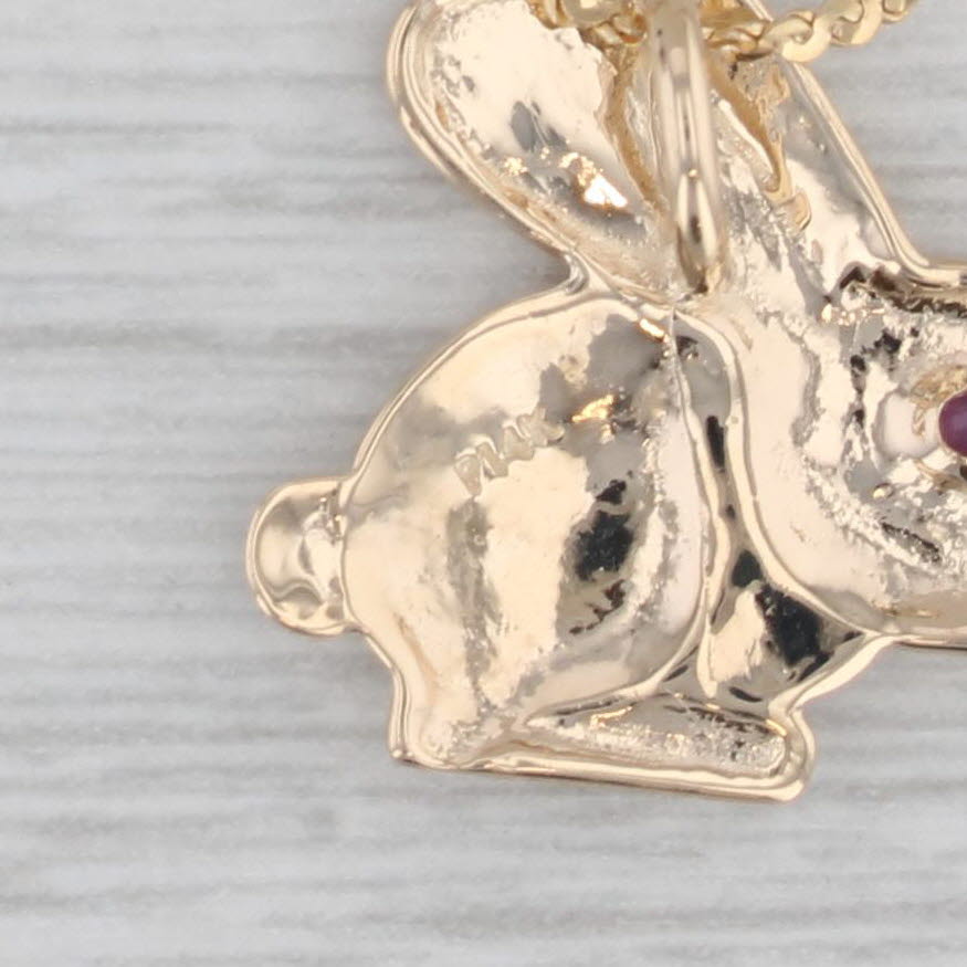 Gray Ruby Eye Bunny Rabbit Pendant Necklace 14k Yellow Gold 20" Serpentine Chain