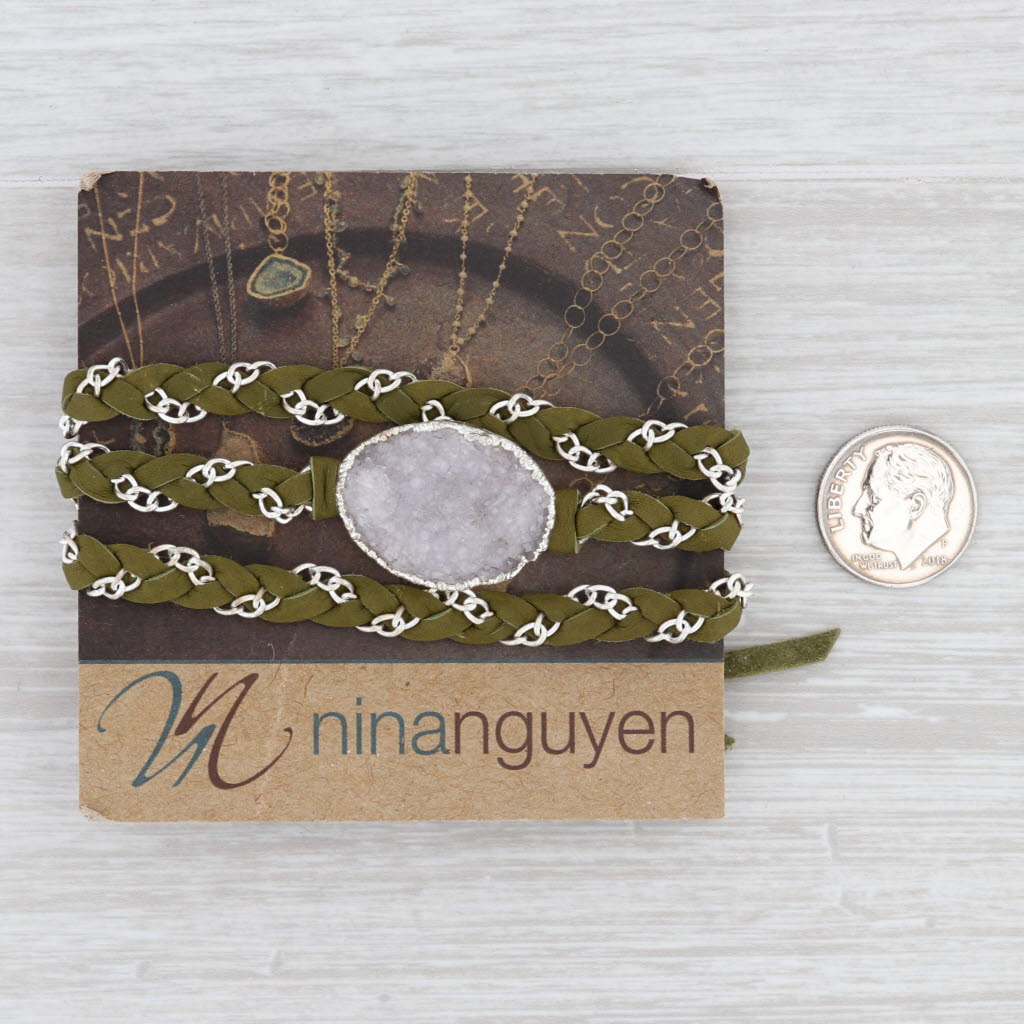 New Nina Wynn Cordelia Necklace Woven Green Leather White Druzy Quartz Pendant