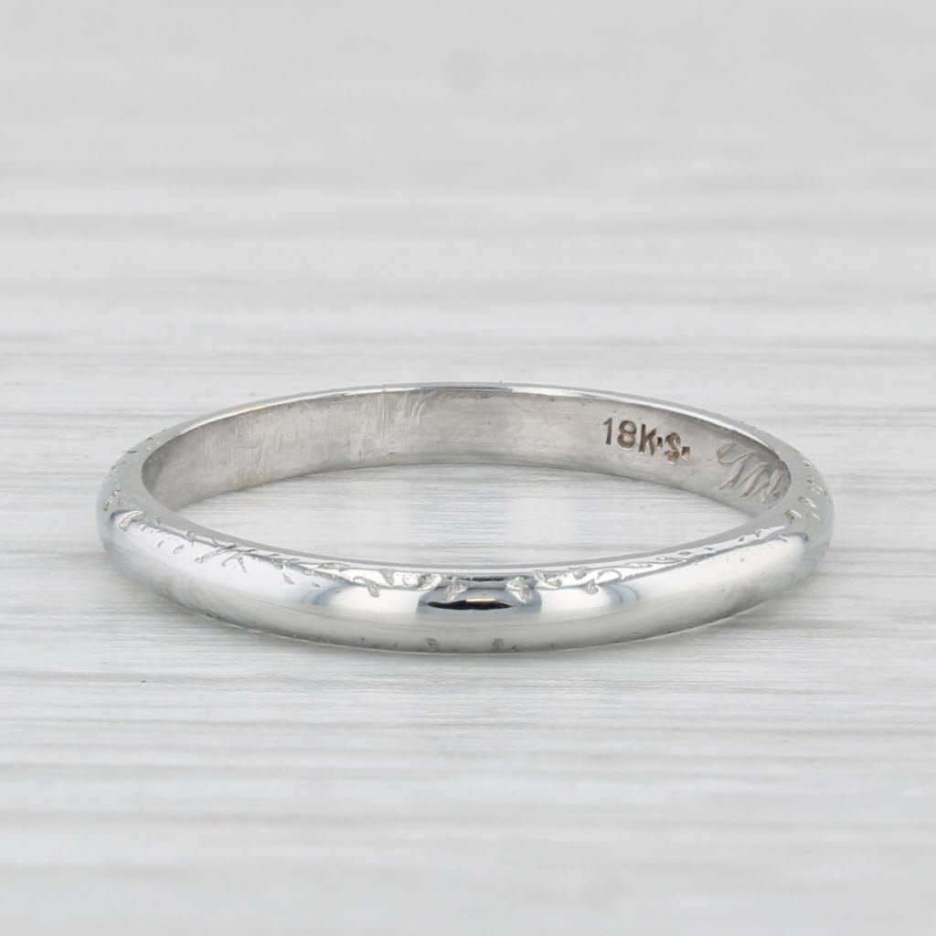 Light Gray Vintage Wedding Band 18k White Gold Size 5 Stackable Ring Floral Engraved