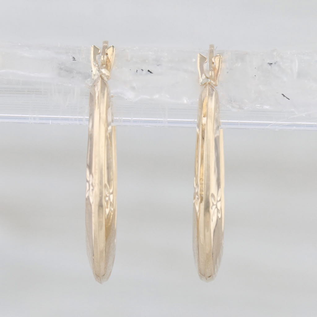 Floral Etched Hoop Earrings 10k Yellow Gold Snap Top Posts Round Hoops