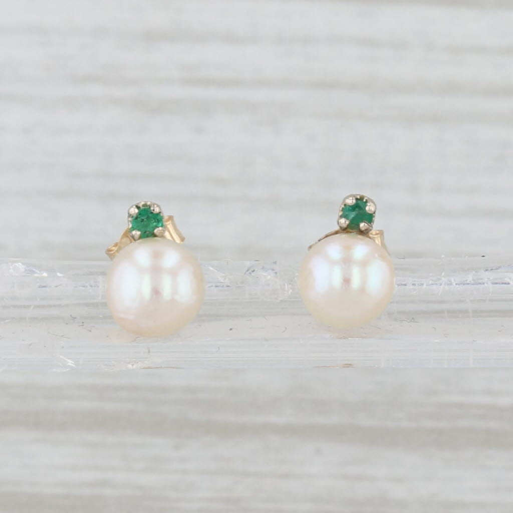 Saltwater Cultured Pearl Emerald Stud Earrings 14k Yellow Gold Studs
