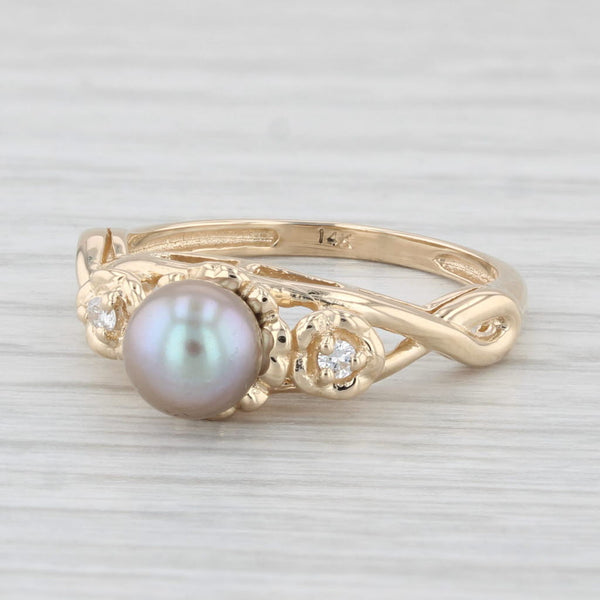 Gray Cultured Pearl Diamond Ring 14k Yellow Gold Size 6.75