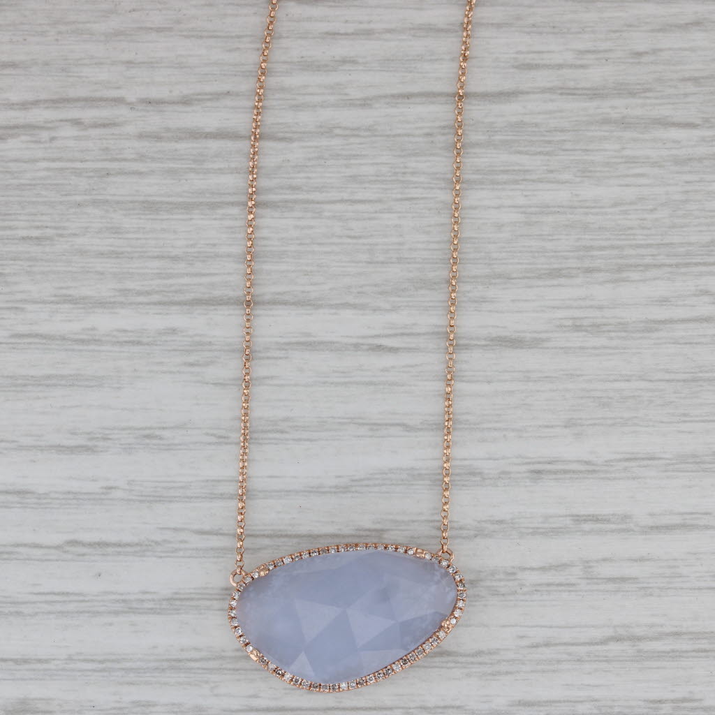 Gray Lavender Chalcedony Diamond Halo Pendant Necklace 14k Rose Gold 16-18"