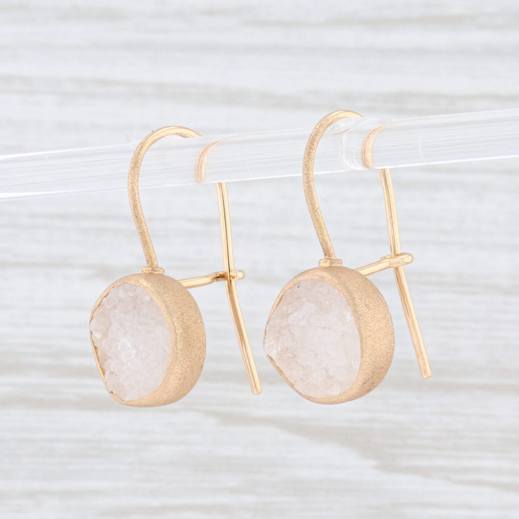 New Nina Wynn White Druzy Quartz Drop Earrings 18k Yellow Gold Hook Posts