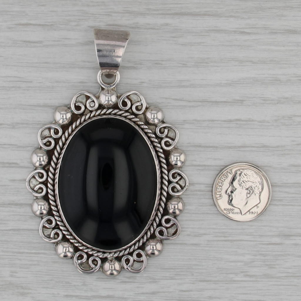 Black Onsidian Glass Pendant Sterling Silver Large Statement Ornate Taxco Mexico