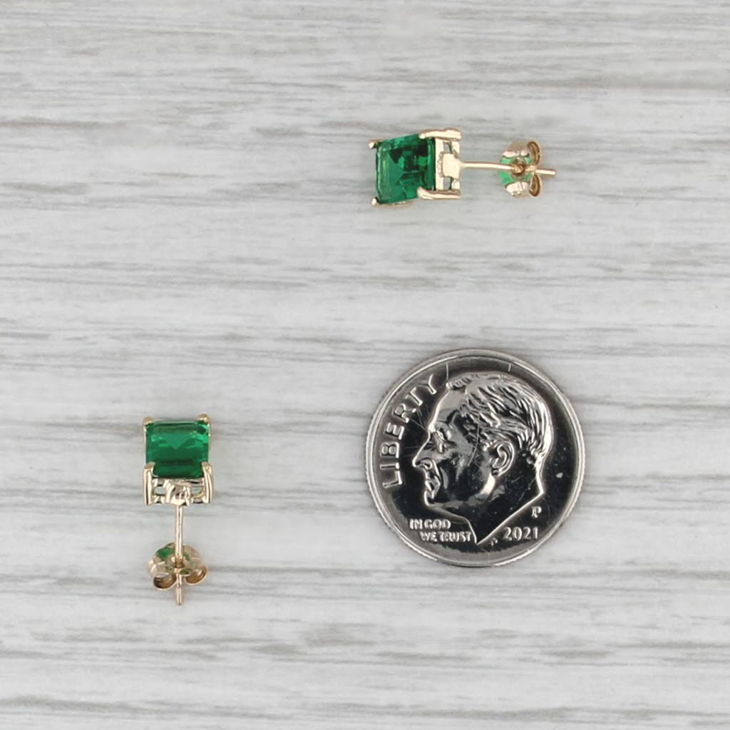 Green Glass Stud Earrings 14k Yellow Gold Emerald Cut Solitaire Studs