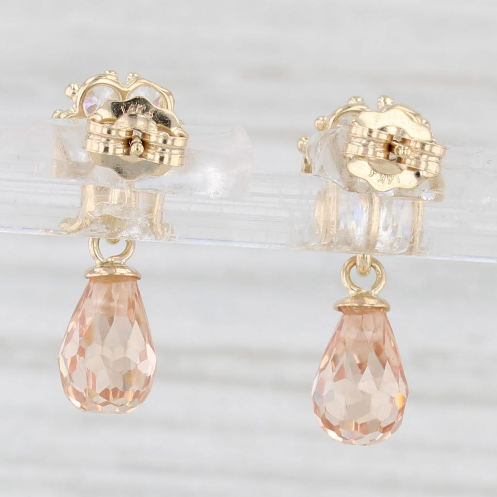 Light Gray Peach Briolette & White Cubic Zirconia Flower Drop Earrings 14k Yellow Gold