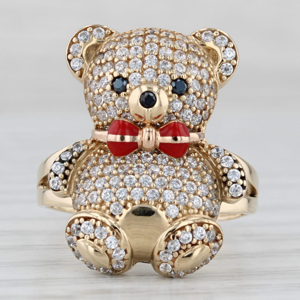 Gray Cubic Zirconia Teddy Bear Ring 14k Yellow Gold Enamel Size 7