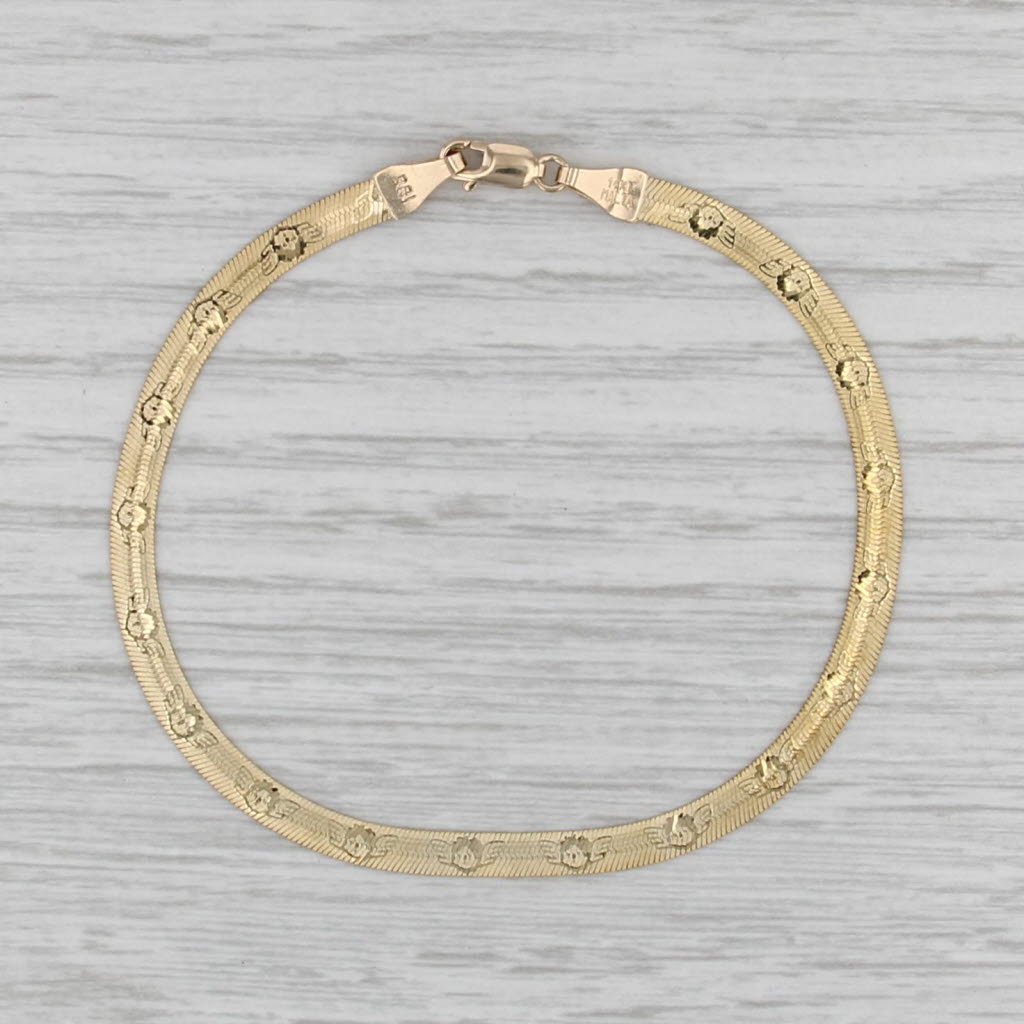 Reversible Herringbone Chain Bracelet 14k Yellow Gold Cherub Pattern 3.4mm 7"
