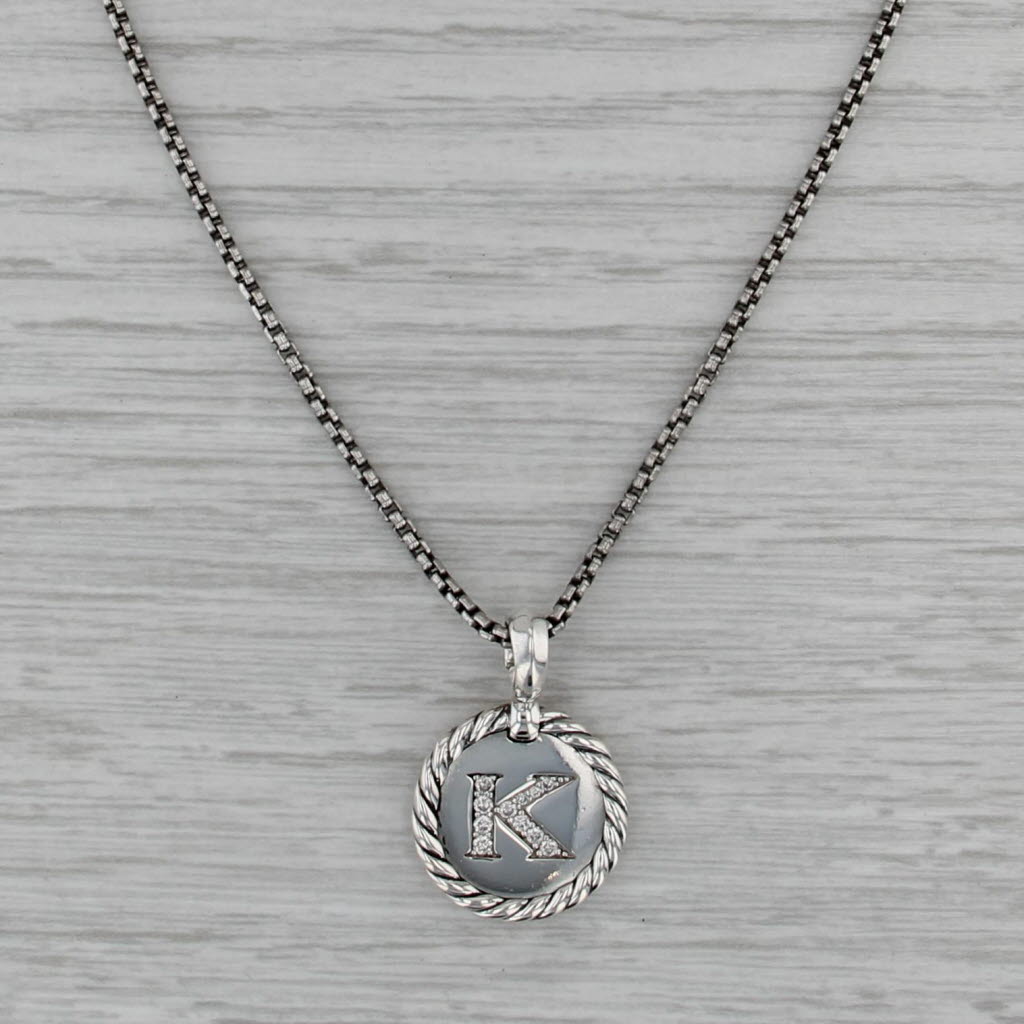 David Yurman Diamond Letter Initial K Pendant Necklace Sterling Silver Box Chain