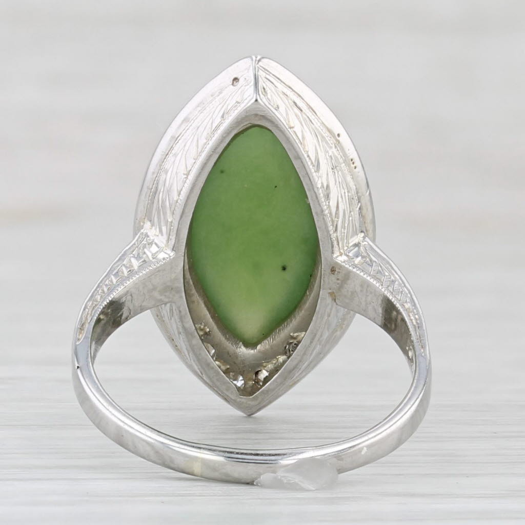 Light Gray Nephrite Navette Cabochon 0.27ctw Diamond Halo Ring 18k White Gold Size 4.5