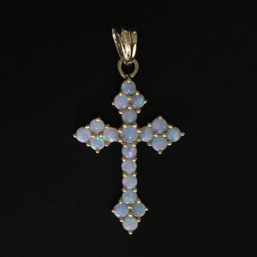 Black Opal Cluster Cross Pendant 14k Yellow Gold Religious Jewelry