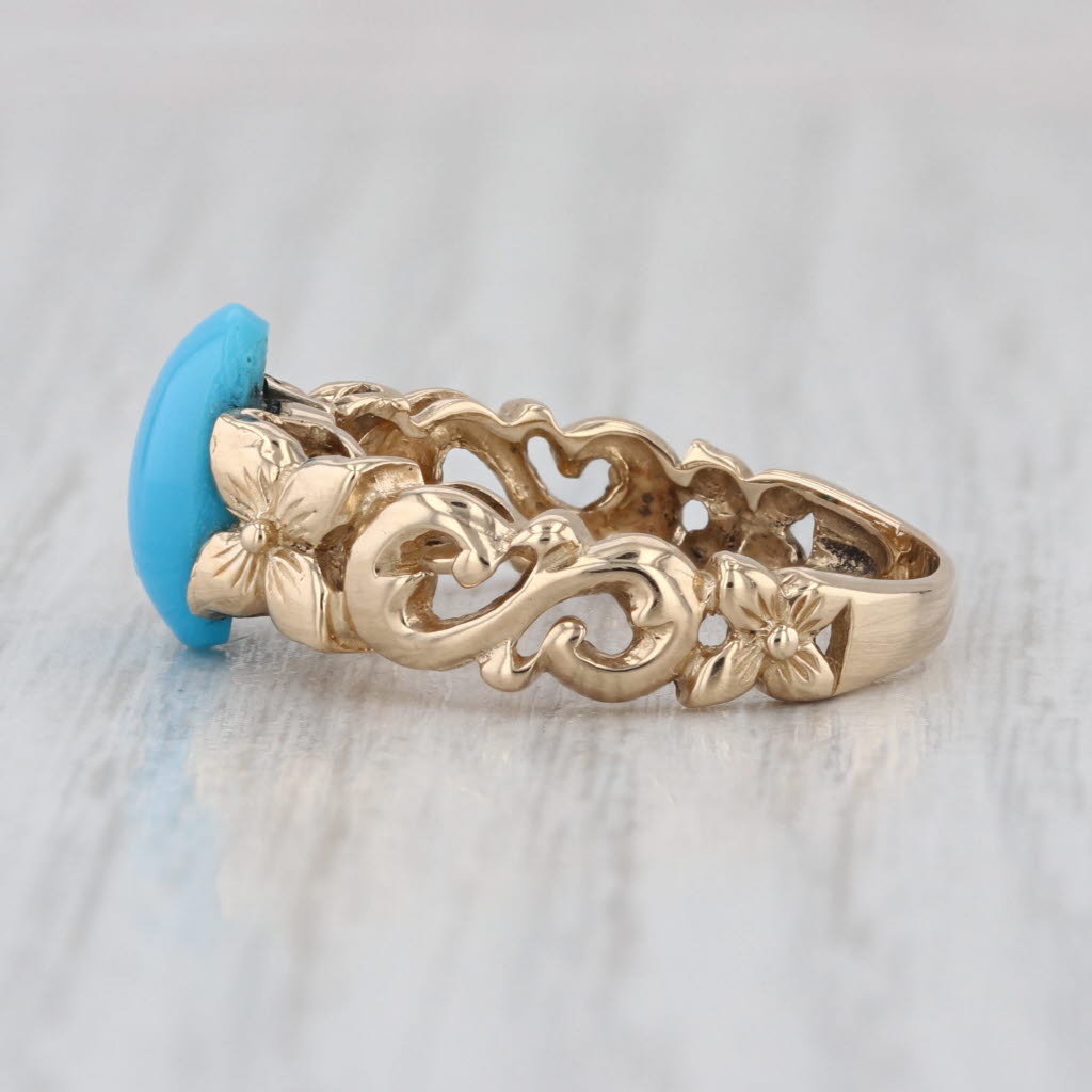 Oval Cabochon Turquoise Ring 14k Yellow Gold Ornate Floral Size 7