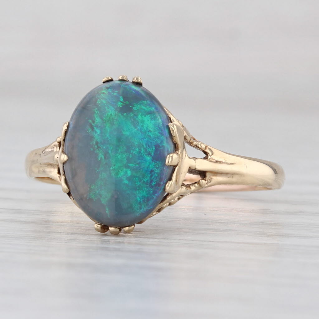 Vintage Blue Green Opal Solitaire Ring 14k Yellow Gold Ornate Size 11.75