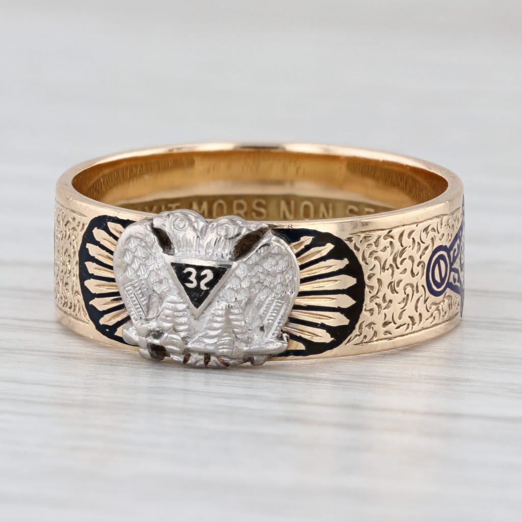 Vintage Scottish Rite Masonic Symbols Ring 14k Gold Blue Lodge Rose Croix
