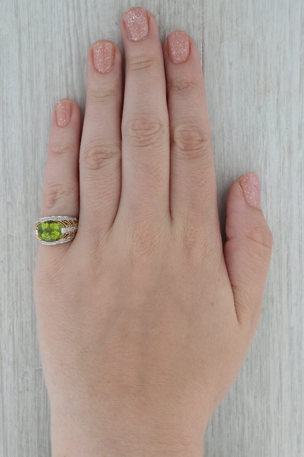 Dark Gray 4.10ctw Peridot Diamond 14K Yellow White Gold Cocktail Ring